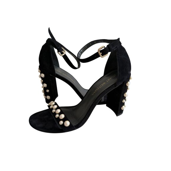 STUART WEITZMAN Black Suede Pearl Heels Sandals Size 9 - Picture 5 of 9